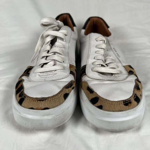 Cole Haan Women's GrandPro Sneaker 9 White Leather Leopard Horse/Cow Hair Trim - Picture 3 of 10